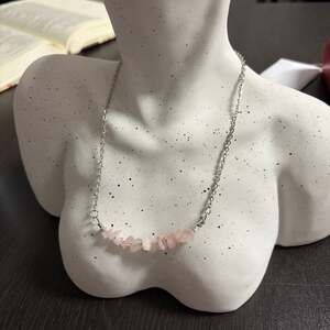 Handmade Rose Quartz Chip Raw Crystal Bar Necklace on Silver Chain